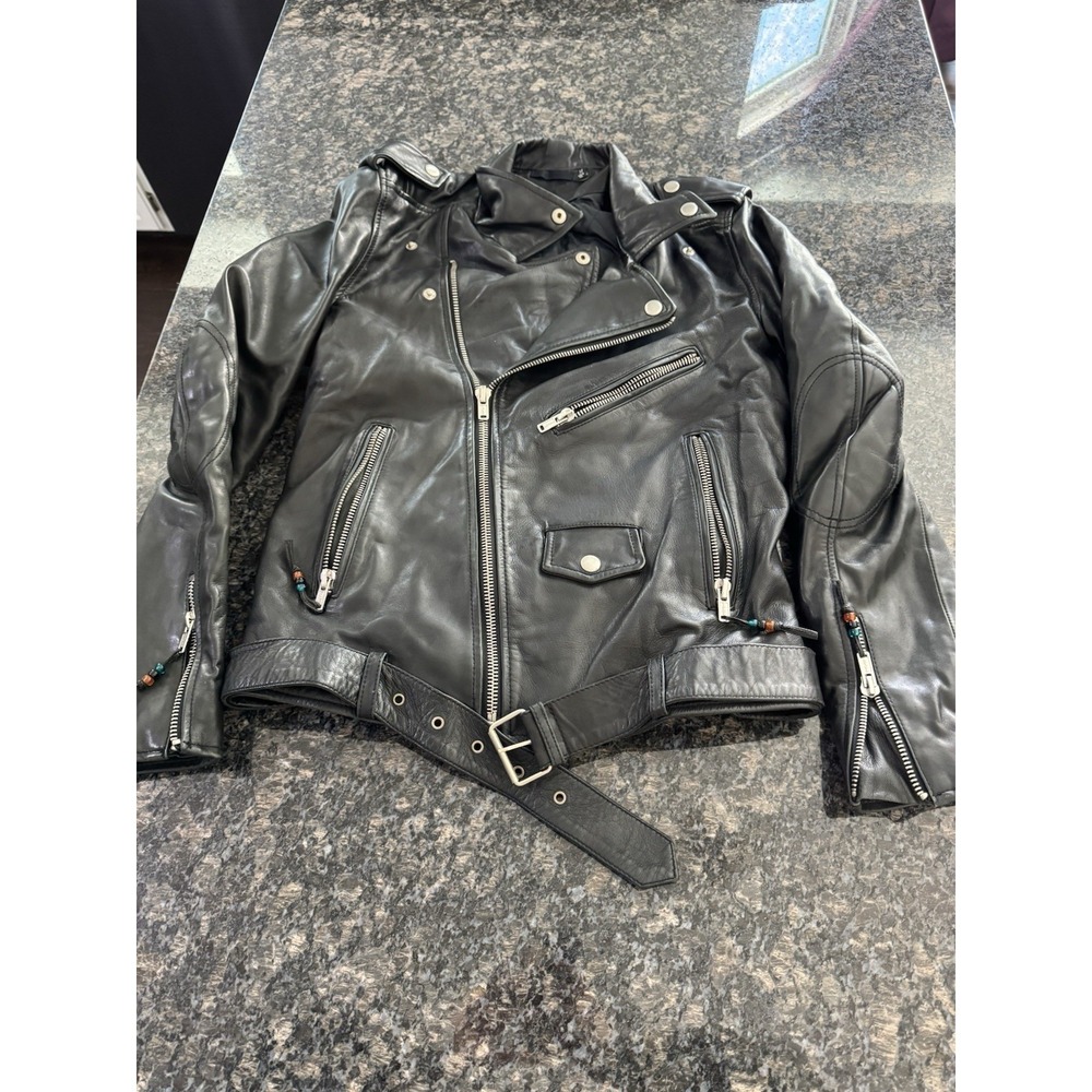 BLK DNM Black Vintage Distressed‎ Perfecto Moto Leather Jacket. Glass Beads Med